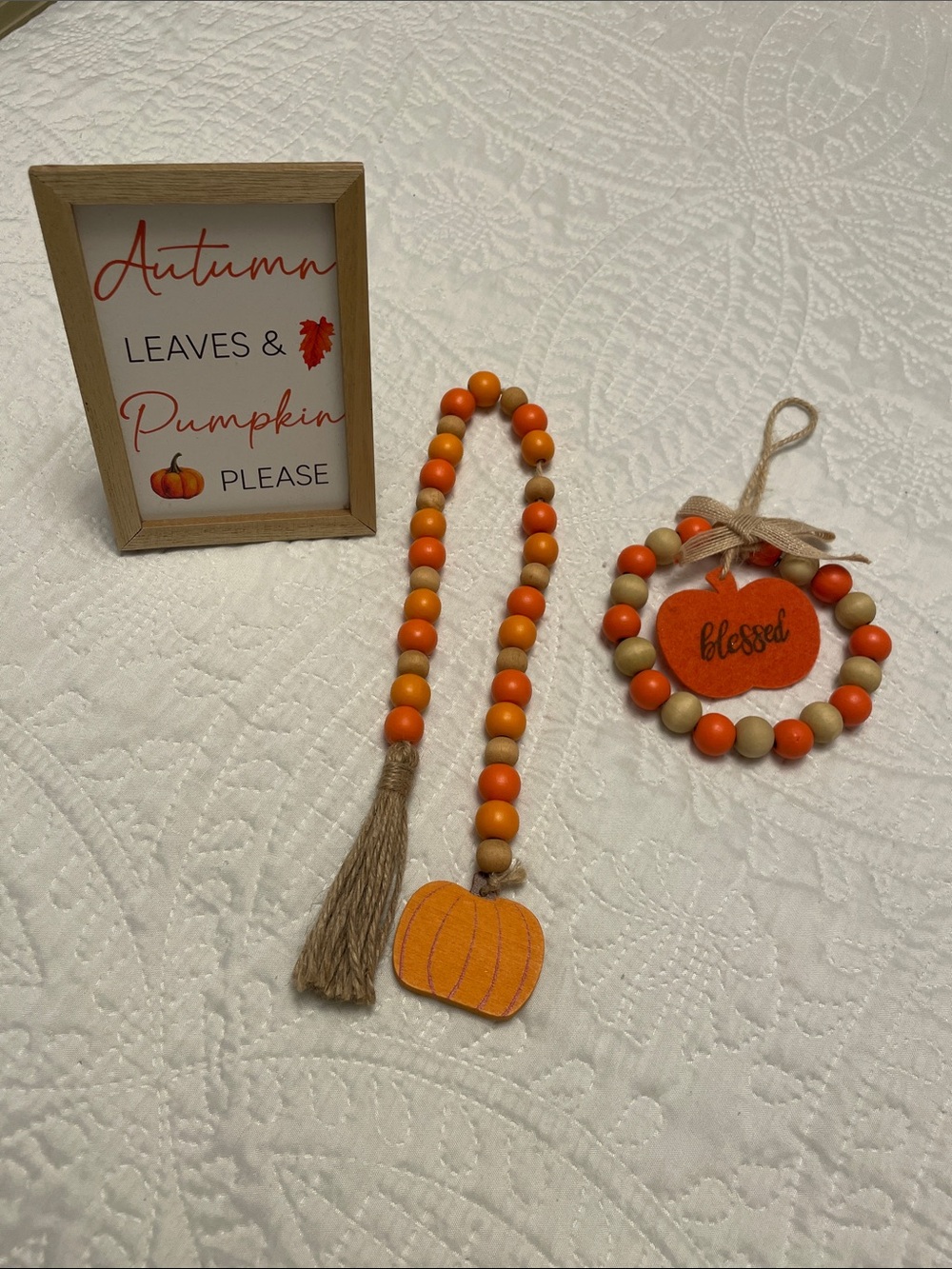 Set of 3 Fall Autumn Themed Decor Wood Sign Beaded BLESSED Ornament & Hanger